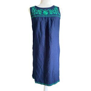 J Crew Factory Shift Dress Med Navy Blue Green Embroidered Linen Blend Pockets